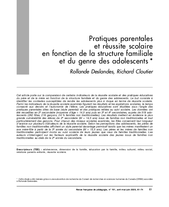 (PDF) Pratiques parentales et réussite scolaire en fonction de la ...