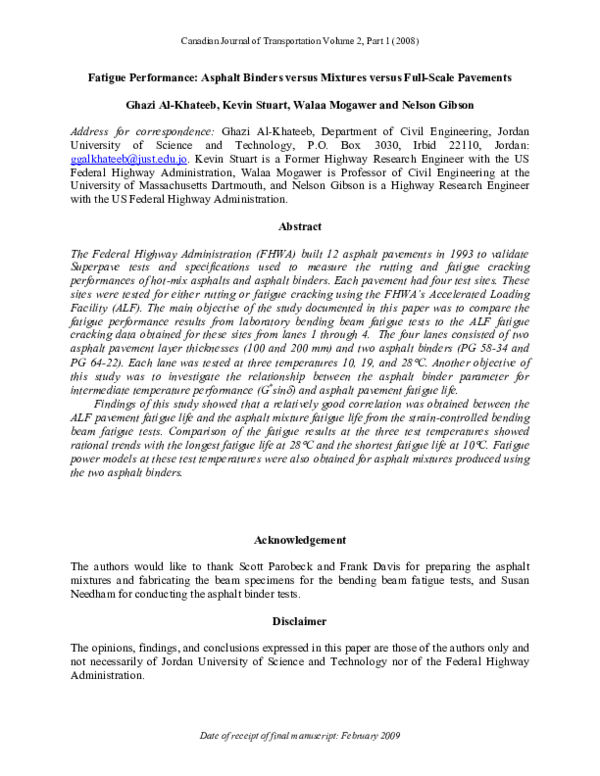 (PDF) Fatigue Performance: Asphalt Binder versus Mixture versus Full ...