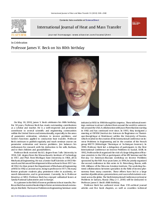 (PDF) Professor James V. Beck on his 80th birthday