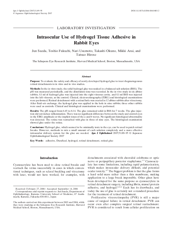 (PDF) Intraocular Use of Hydrogel Tissue Adhesive in Rabbit Eyes