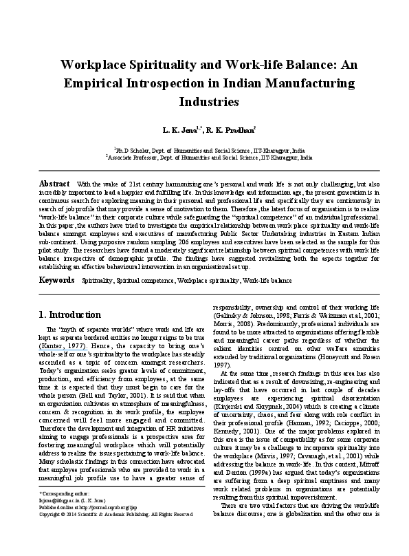 (PDF) Workplace Spirituality and Work-life Balance: An empirical ...