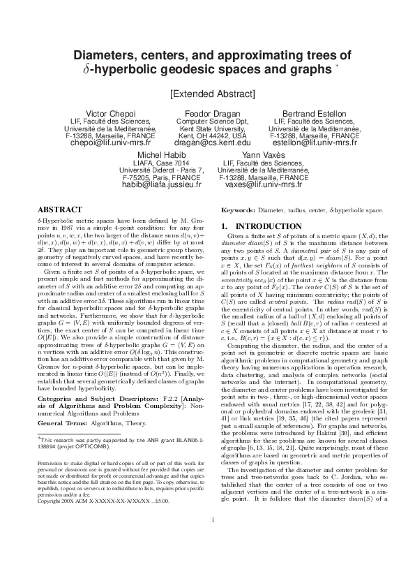 (PDF) Diameters, centers, and approximating trees of hyperbolic ...