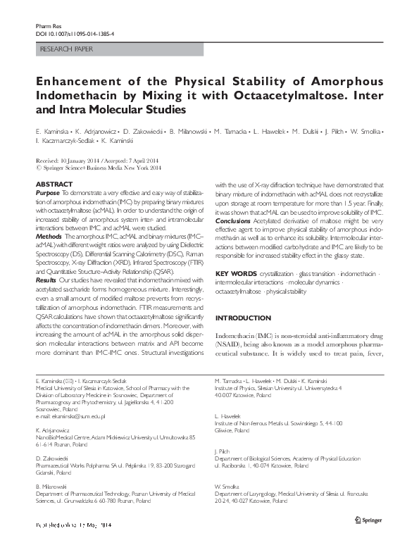 (PDF) Enhancement of the Physical Stability of Amorphous Indomethacin ...