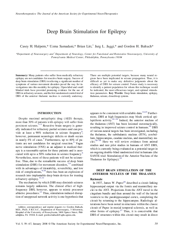 (PDF) Deep Brain Stimulation for Epilepsy