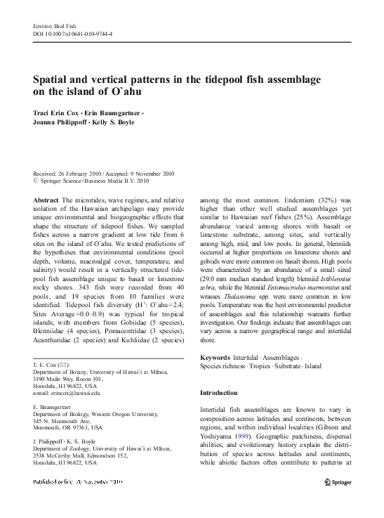 (PDF) Spatial and vertical patterns in the tidepool fish assemblage on ...