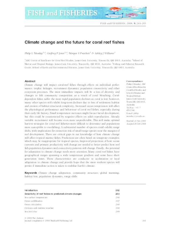 (PDF) Climate change and the future for coral reef fishes