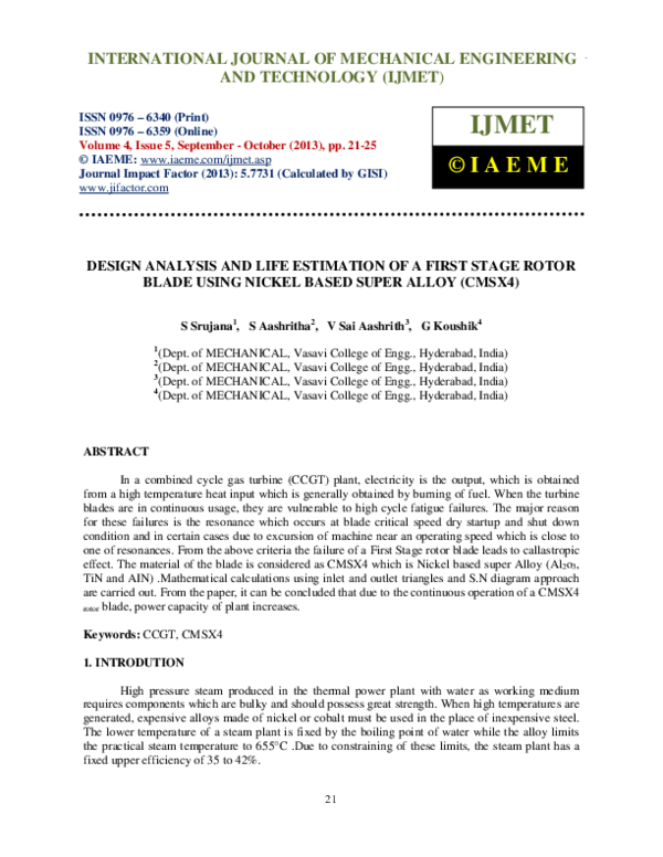 (PDF) DESIGN ANALYSIS AND LIFE ESTIMATION OF A FIRST STAGE ROTOR BLADE ...