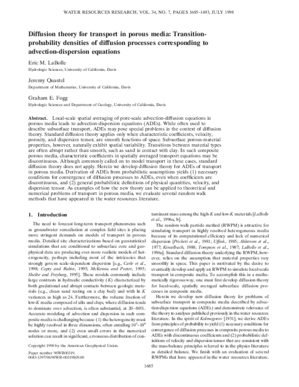 (PDF) Diffusion theory for transport in porous media: Transition ...