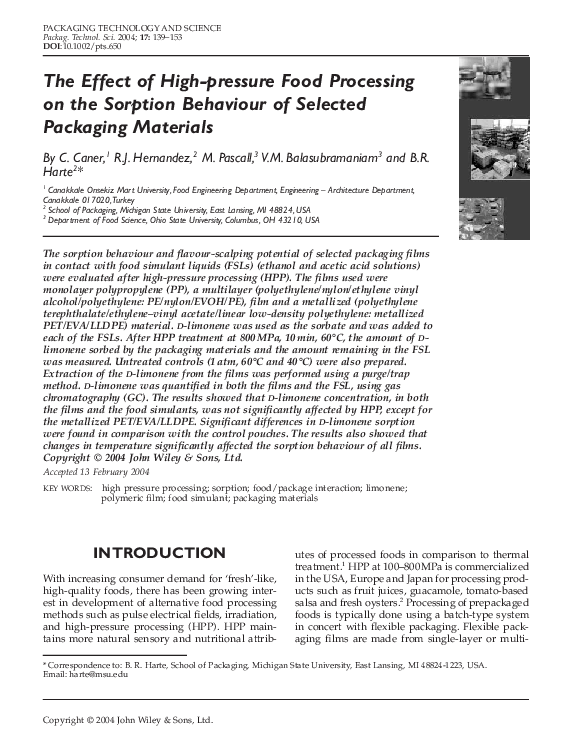 (PDF) The effect of high-pressure food processing on the sorption ...