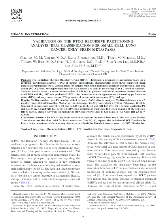 (PDF) Validation of the RTOG recursive partitioning analysis (RPA ...