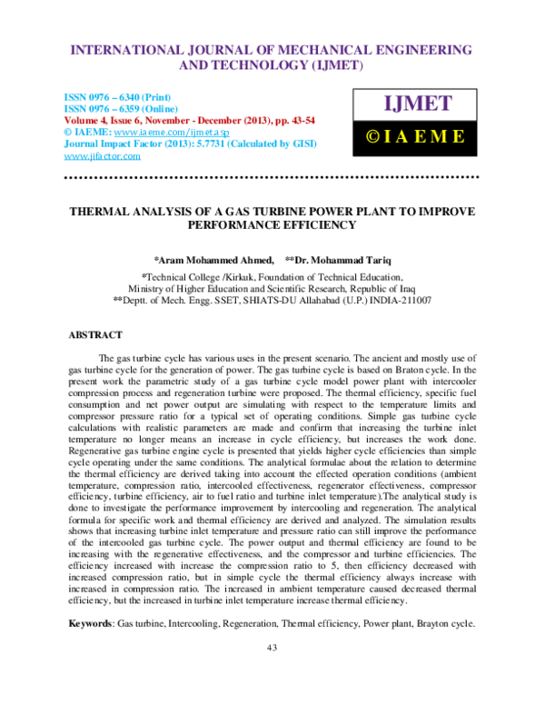 (PDF) THERMAL ANALYSIS OF A GAS TURBINE POWER PLANT TO IMPROVE ...