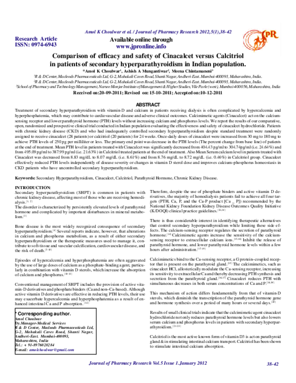 (PDF) Comparison of efficacy and safety of Cinacalcet versus Calcitriol ...