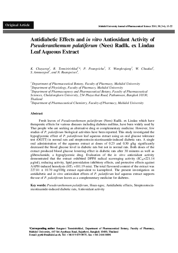 (PDF) Antidiabetic Effects and in vitro Antioxidant Activity of ...