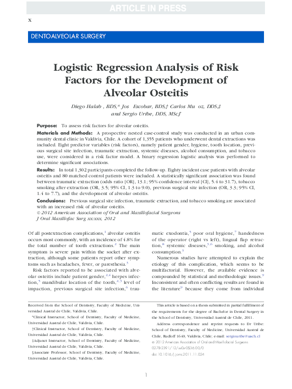 (PDF) Logistic regression analysis of risk factors for the development ...