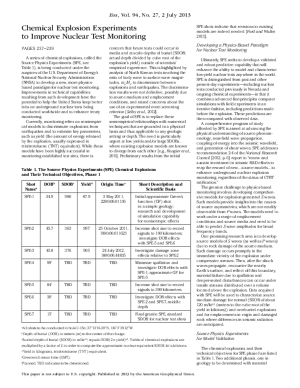 (PDF) Chemical Explosion Experiments to Improve Nuclear Test Monitoring