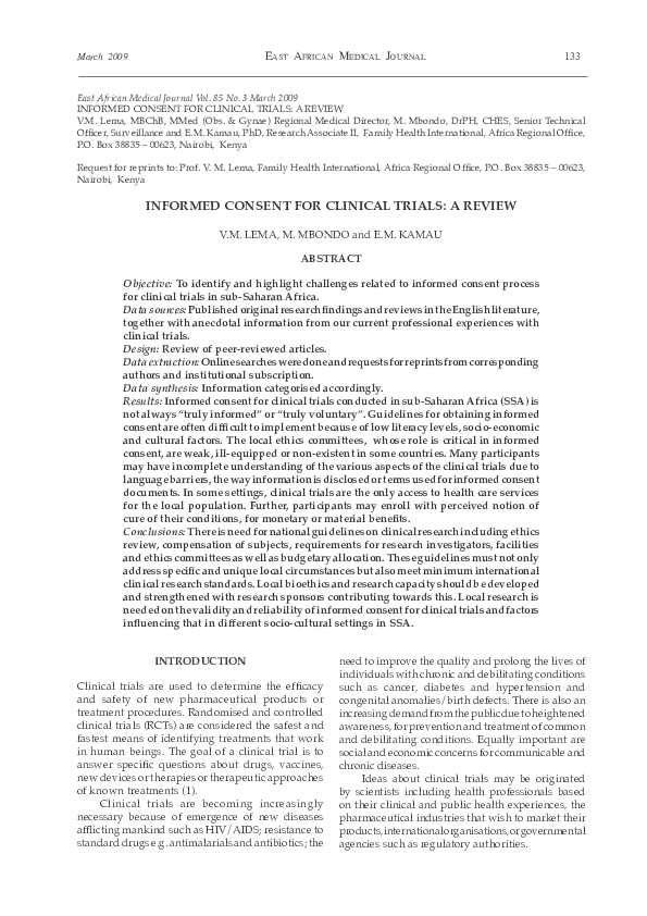 (PDF) Informed consent for clinical trials: a review