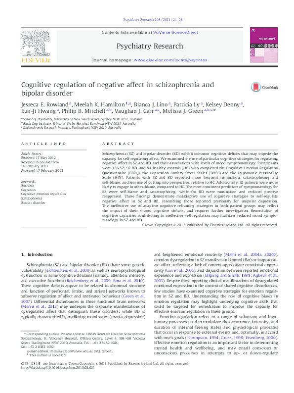 (PDF) Cognitive regulation of negative affect in schizophrenia and ...