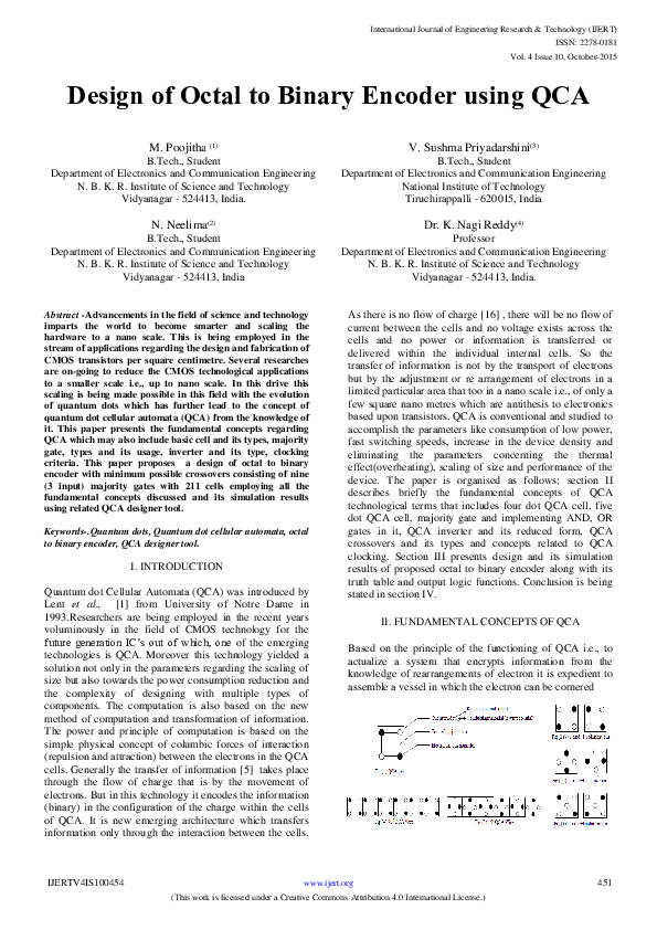 (PDF) Design of Octal to Binary Encoder using QCA