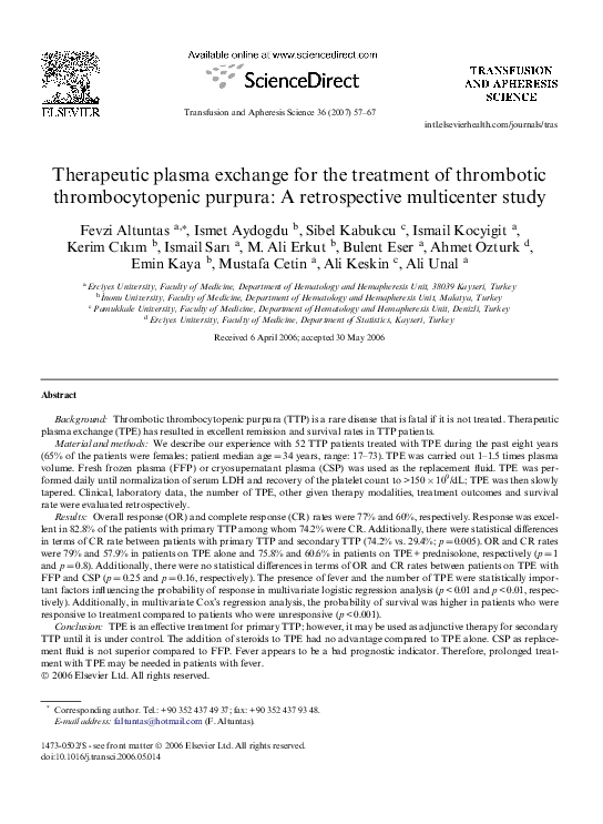 (PDF) Therapeutic plasma exchange for the treatment of thrombotic ...