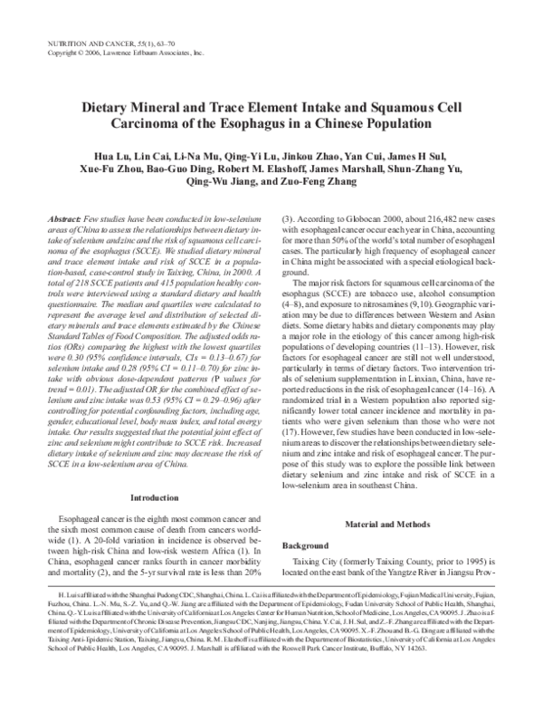 (PDF) Dietary Mineral and Trace Element Intake and Squamous Cell