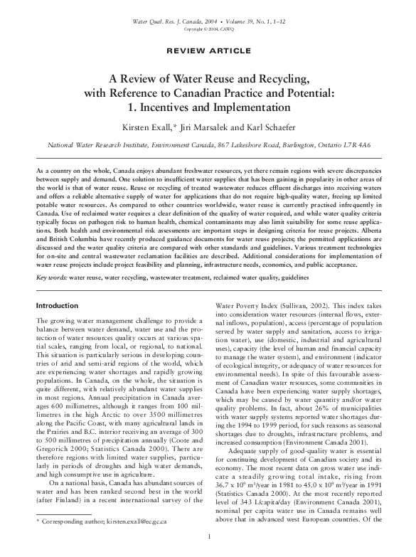 (PDF) A Review of Water Reuse and Recycling, with Reference to Canadian ...