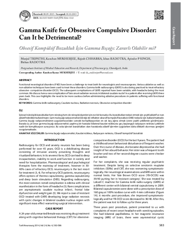 (PDF) Gamma knife for obsessive compulsive disorder can it be detrimental? Rajesh Chhabra and