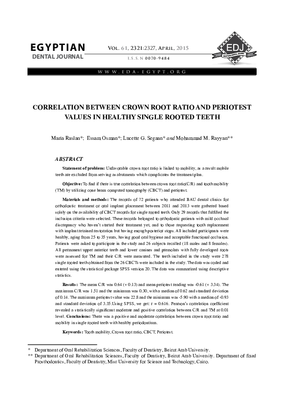 (PDF) Correlation between Crown root ratio and periotest values in