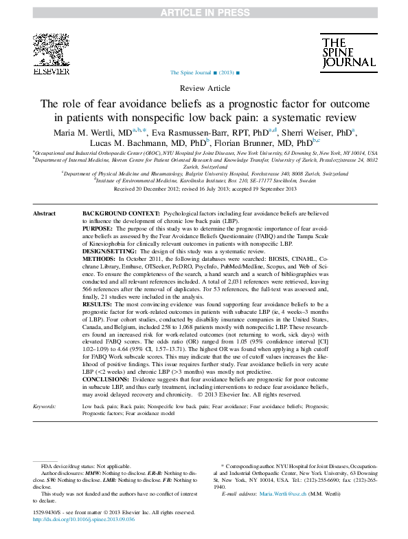 (PDF) The role of fear avoidance beliefs as a prognostic factor for ...