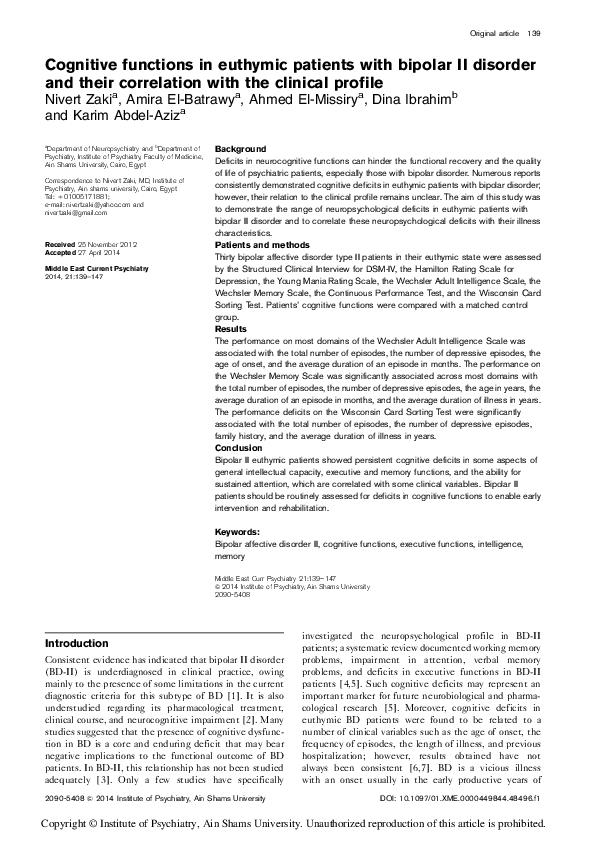 (PDF) Cognitive functions in euthymic patients with bipolar II disorder ...