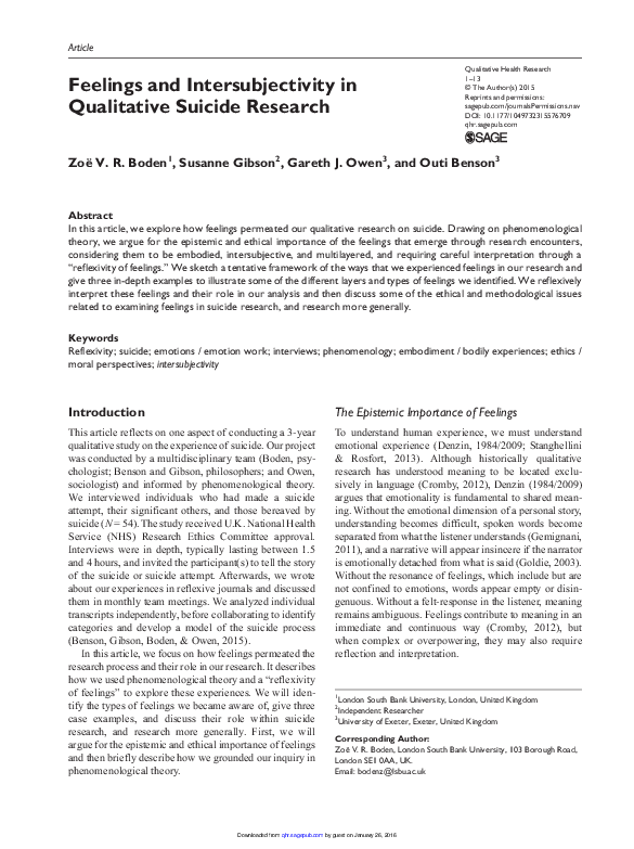 (PDF) Feelings and Intersubjectivity in Qualitative Suicide Research