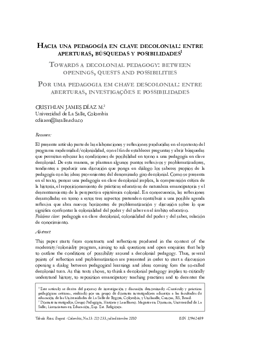 Hacia una pedagogía en clave decolonial: entre aperturas, búsquedas y posibilidades