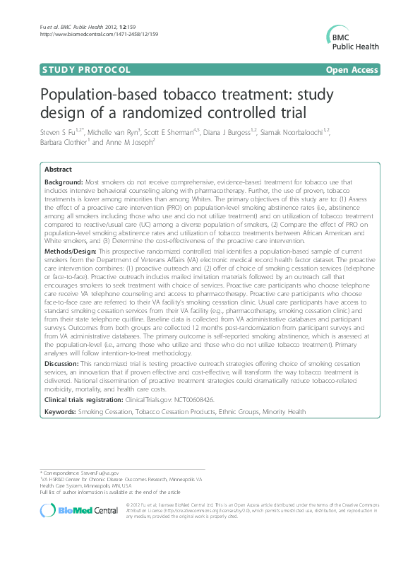 (PDF) Population-based tobacco treatment: study design of a randomized ...