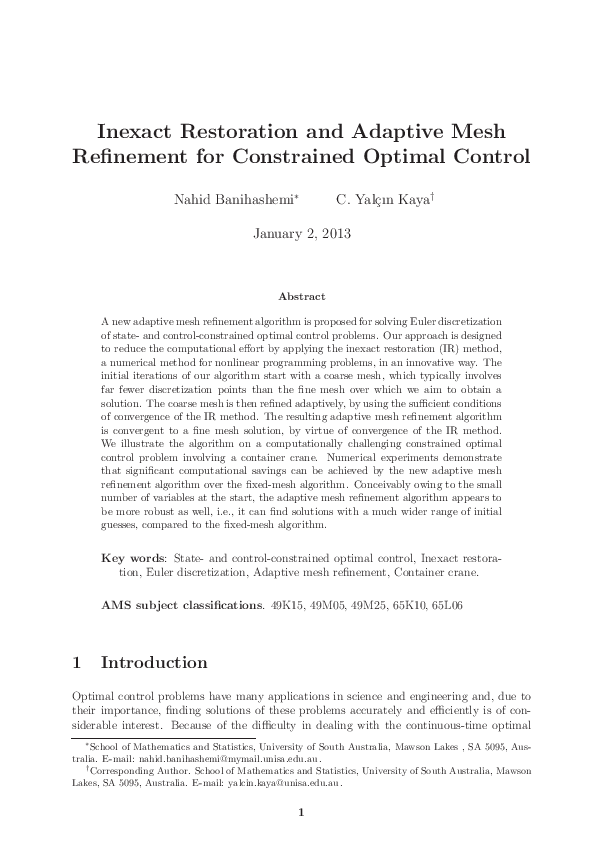 (PDF) Inexact restoration and adaptive mesh refinement for optimal control