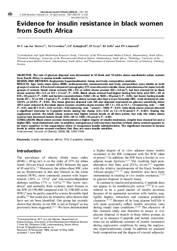 (PDF) Evidence for insulin resistance in black women from South Africa