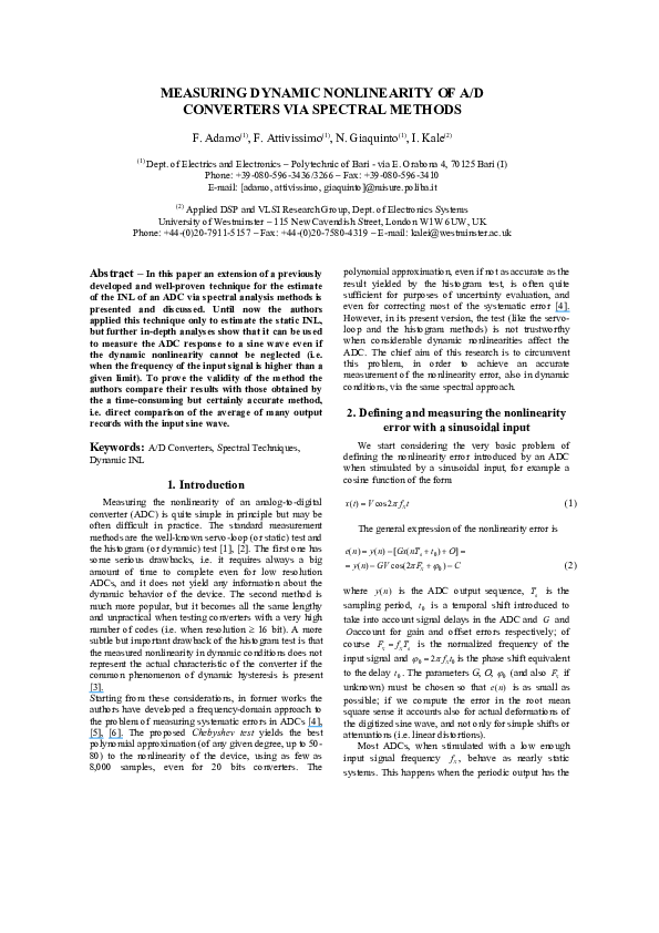 (PDF) MEASURING DYNAMIC NONLINEARITY OF A/D CONVERTERS VIA SPECTRAL METHODS