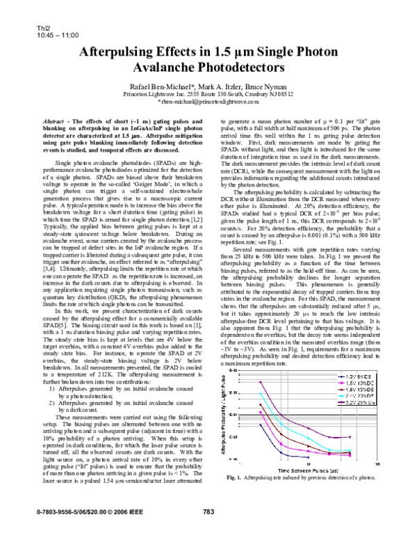 (PDF) Afterpulsing Effects in 1.5 μm Single Photon Avalanche Photodetectors