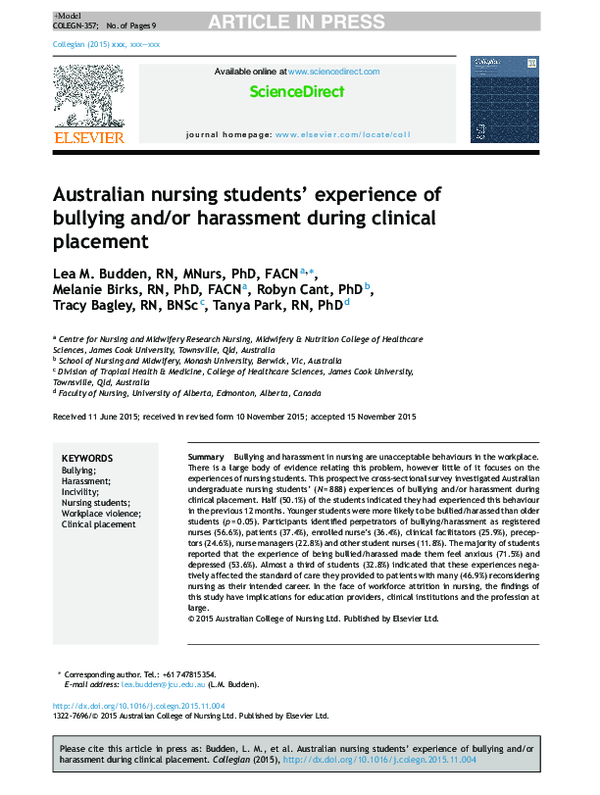 (PDF) ScienceDirect Australian nursing students' experience of bullying