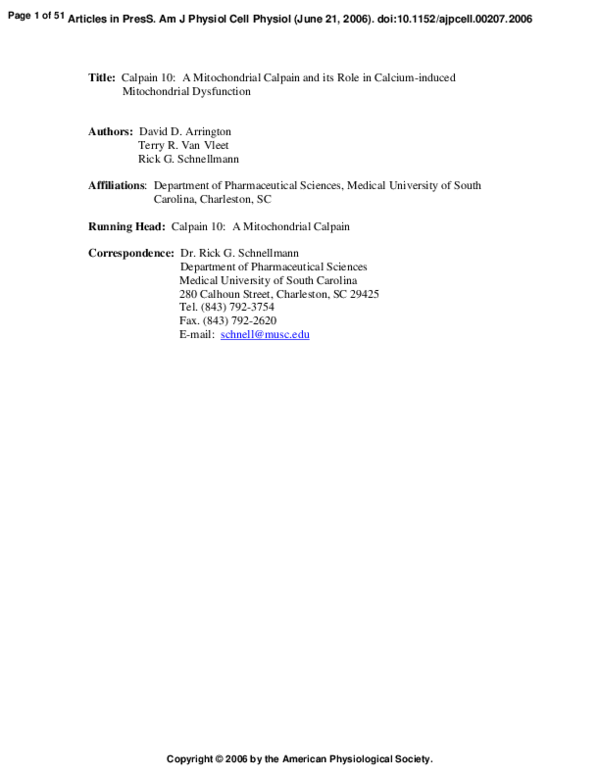 (PDF) Calpain 10: a mitochondrial calpain and its role in calcium ...