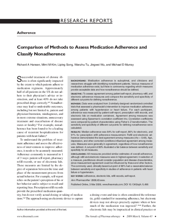 (PDF) Comparison of Methods to Assess Medication Adherence and Classify ...