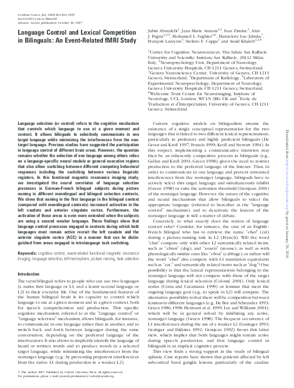 (PDF) Language Control and Lexical Competition in Bilinguals: An Event ...