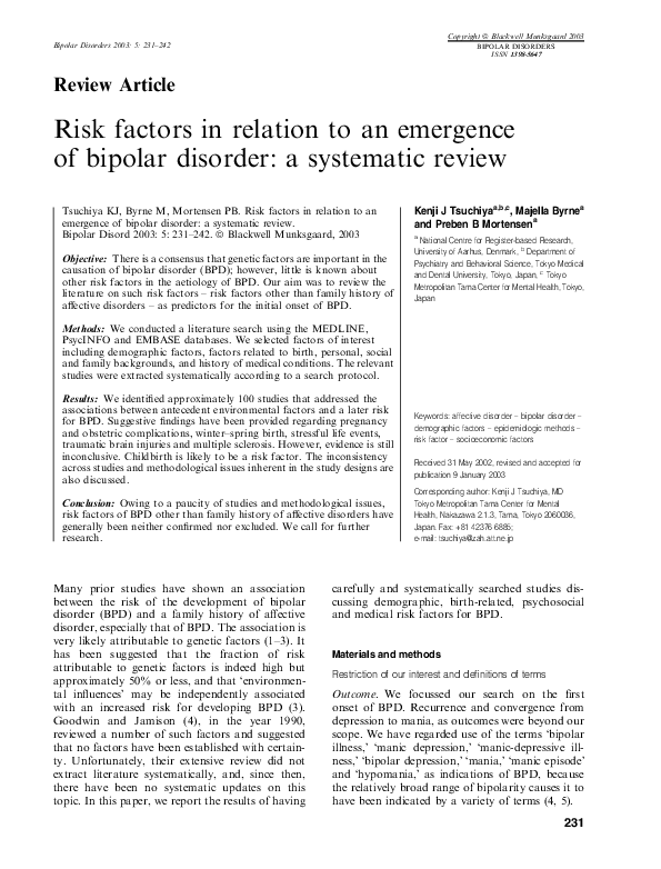 (PDF) Risk factors in relation to an emergence of bipolar disorder: a ...