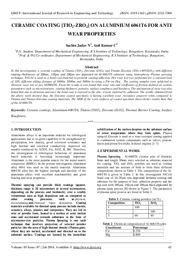 (PDF) CERAMIC COATING [TIO 2 ZRO 2 ] ON ALUMINIUM 6061T6 FOR ANTI WEAR