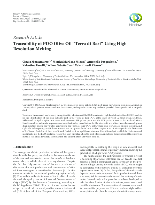 (PDF) Traceability of PDO Olive Oil “Terra di Bari” Using High ...