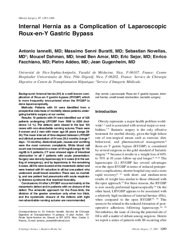 (PDF) Internal Hernia after Laparoscopic Roux-en-Y Gastric Bypass for ...