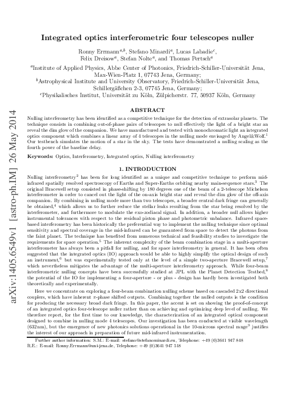 (PDF) Integrated optics interferometric four telescopes nuller