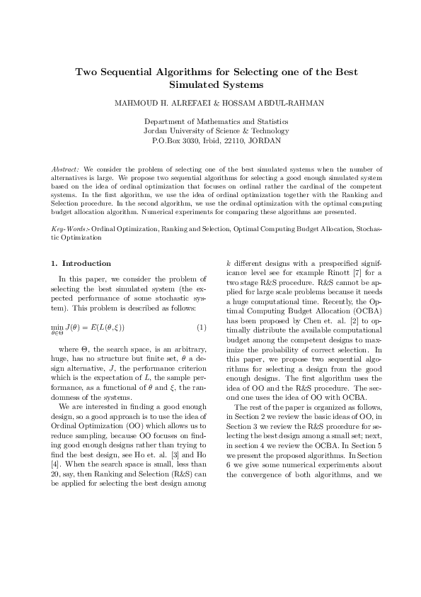 (PDF) Two sequential algorithms for selecting one of the best simulated ...