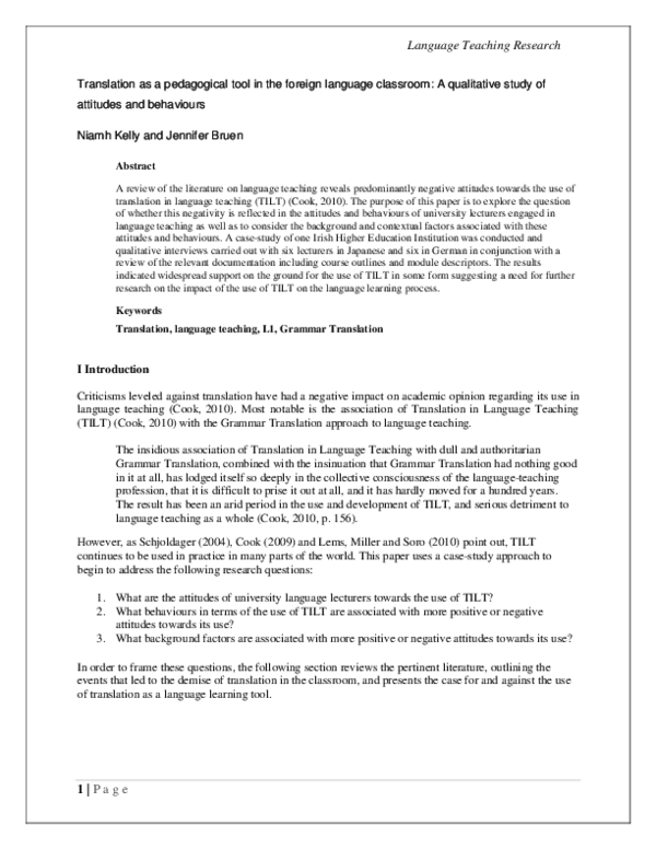 (PDF) Translation as a pedagogical tool in the foreign language ...