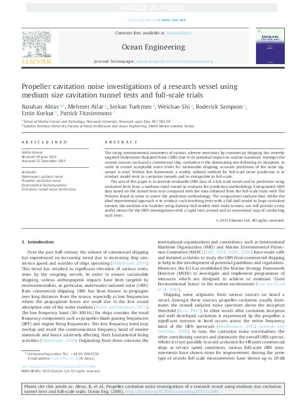 (PDF) Propeller cavitation noise investigations of a research vessel