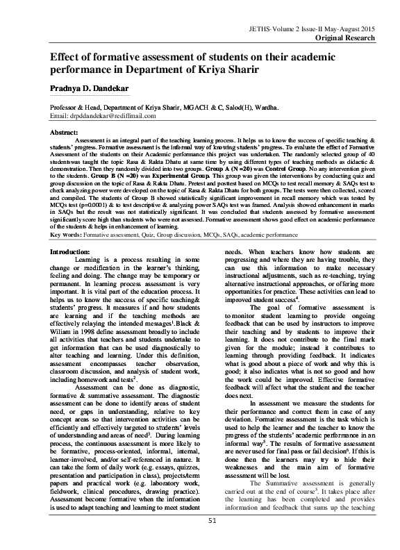 (PDF) Effect of formative assessment of students on their academic ...