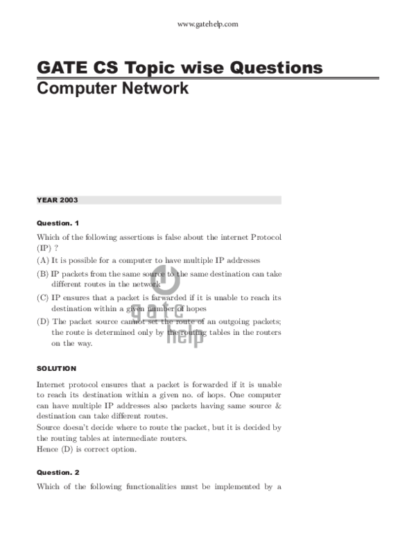 (PDF) GATE CS Topic wise Questions Computer Network Rahul Kumar